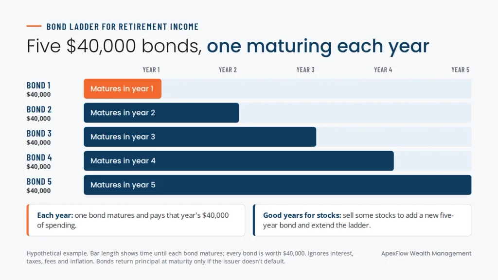 Hypothetical five-year bond ladder for retirement income, with one $40,000 bond maturing each year