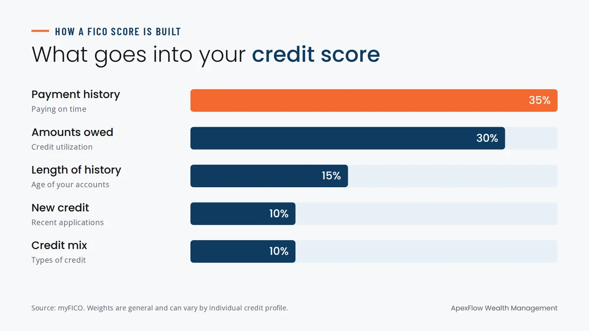 Bar chart of FICO Score factors: payment history 35%, amounts owed 30%, length of credit history 15%, new credit 10% and credit mix 10%