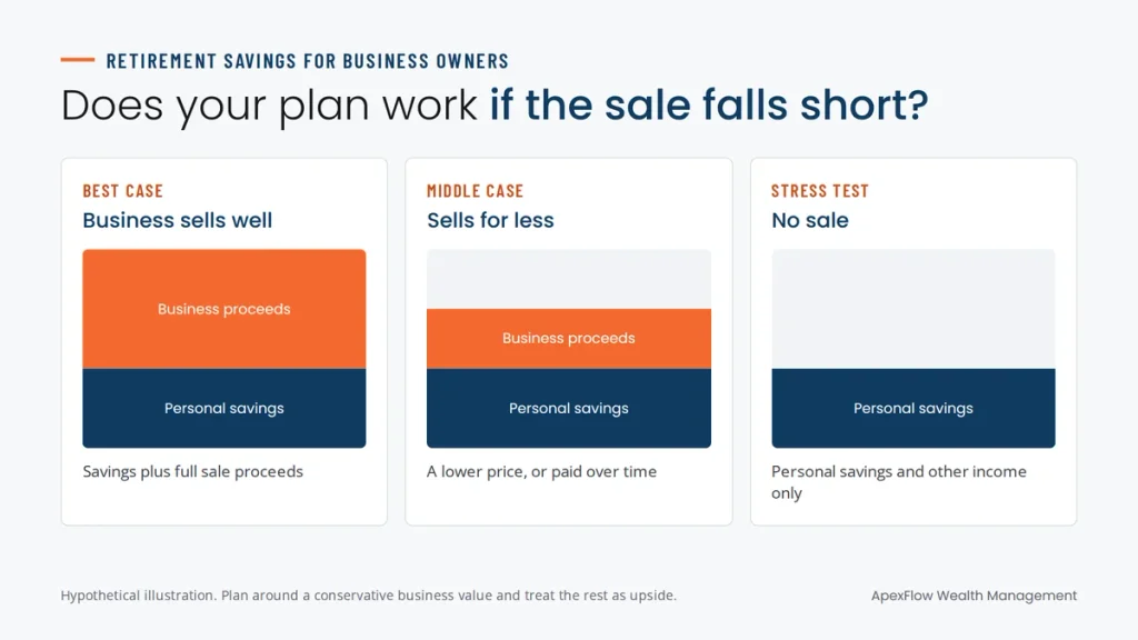 Three hypothetical retirement outcomes for a business owner: the business sells well, sells for less or doesn't sell