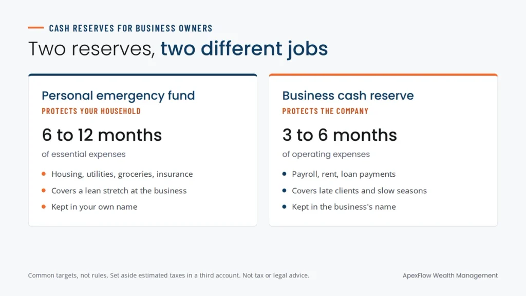 Comparison of a personal emergency fund and a business cash reserve, the two cash reserves business owners need