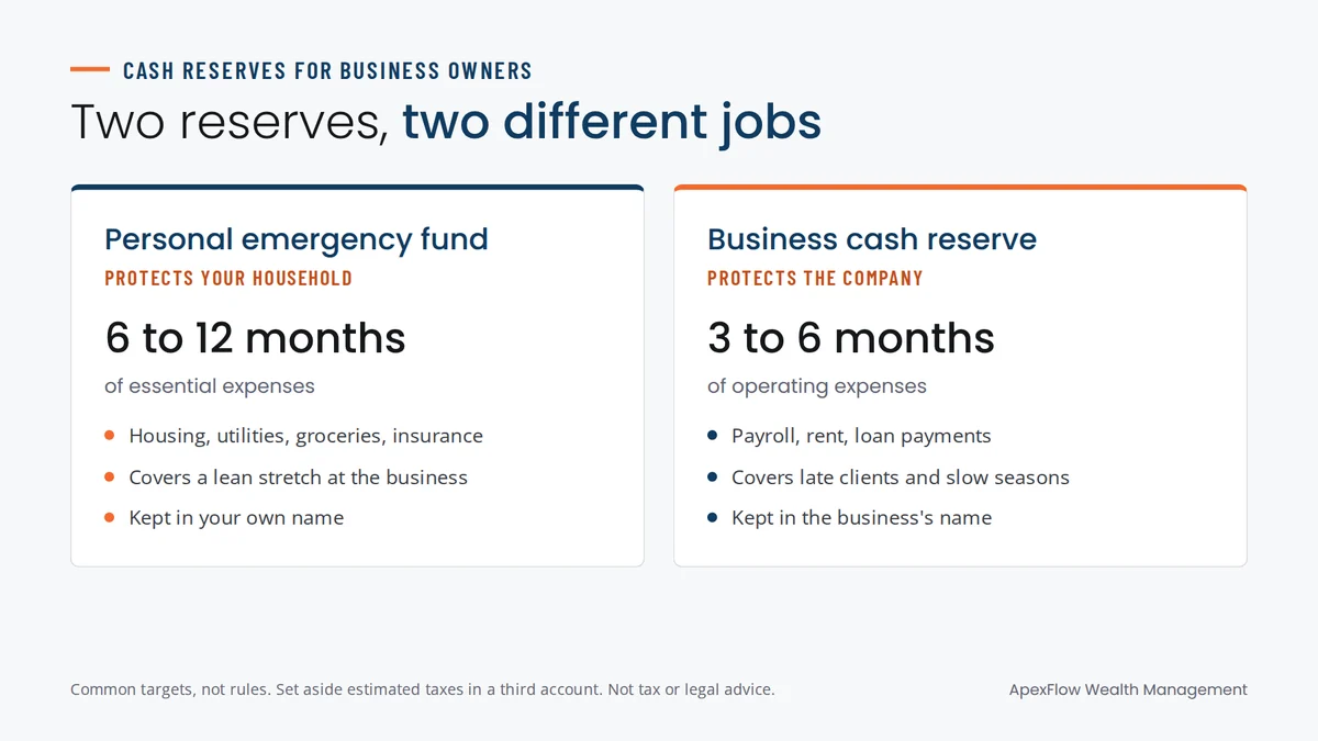 Comparison of a personal emergency fund and a business cash reserve, the two cash reserves business owners need