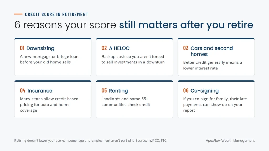 Six reasons your credit score in retirement still matters: downsizing, a HELOC, car and second-home loans, insurance, renting and co-signing