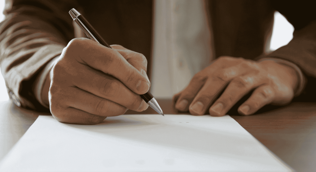 A person signing a document with a pen, like a will that replaces Utah's default rules