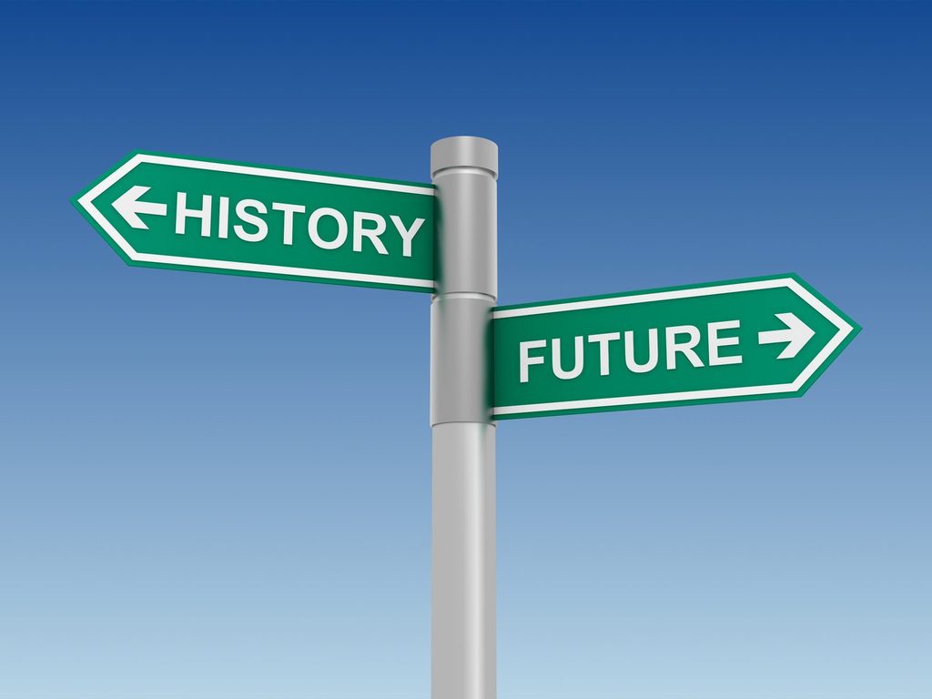 Street sign pointing to history and the future, illustrating historical context for interest rate uncertainty